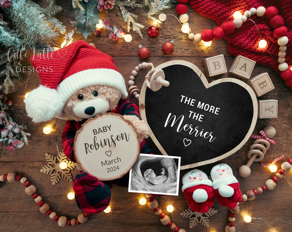 Christmas pregnancy announcement digital reveal for social media, Christmas baby announcement digital image with teddy bear wearing plaid pyjama and Santa hat and heart chalkboard, The more the merrier, Gender neutral December baby