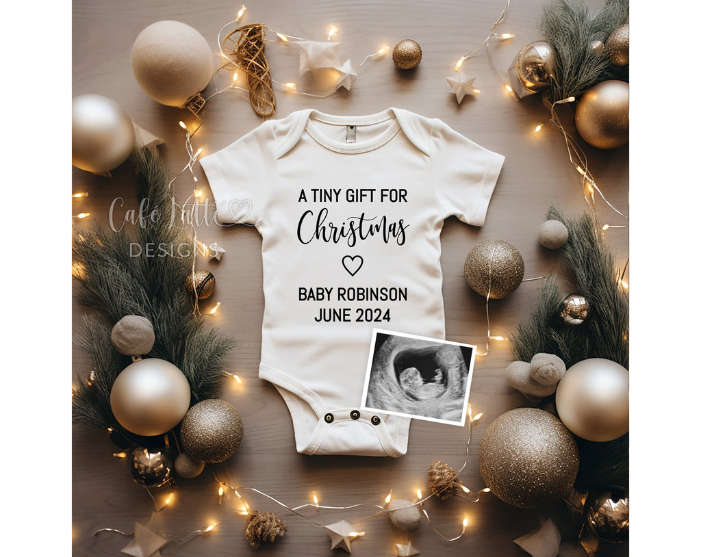 Christmas digital pregnancy announcement reveal for social media, Christmas digital baby announcement image with beige bodysuit and gold ornaments, A tiny gift for Christmas, Gender neutral boho gold baby reveal, Editable baby announcement template