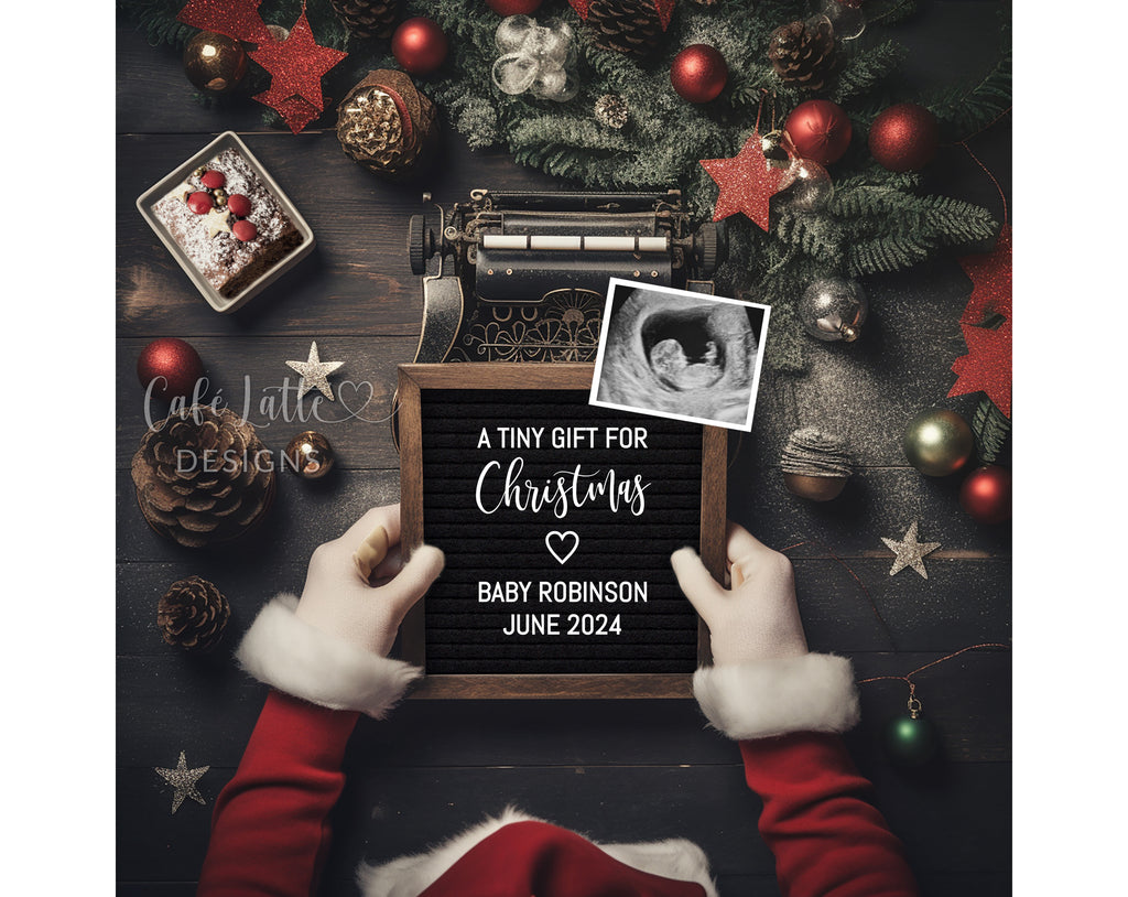 Christmas pregnancy announcement digital reveal for social media, Christmas baby announcement digital image with Santa Claus holding letter board, A tiny gift for Christmas, Gender neutral editable template December winter baby, DIY