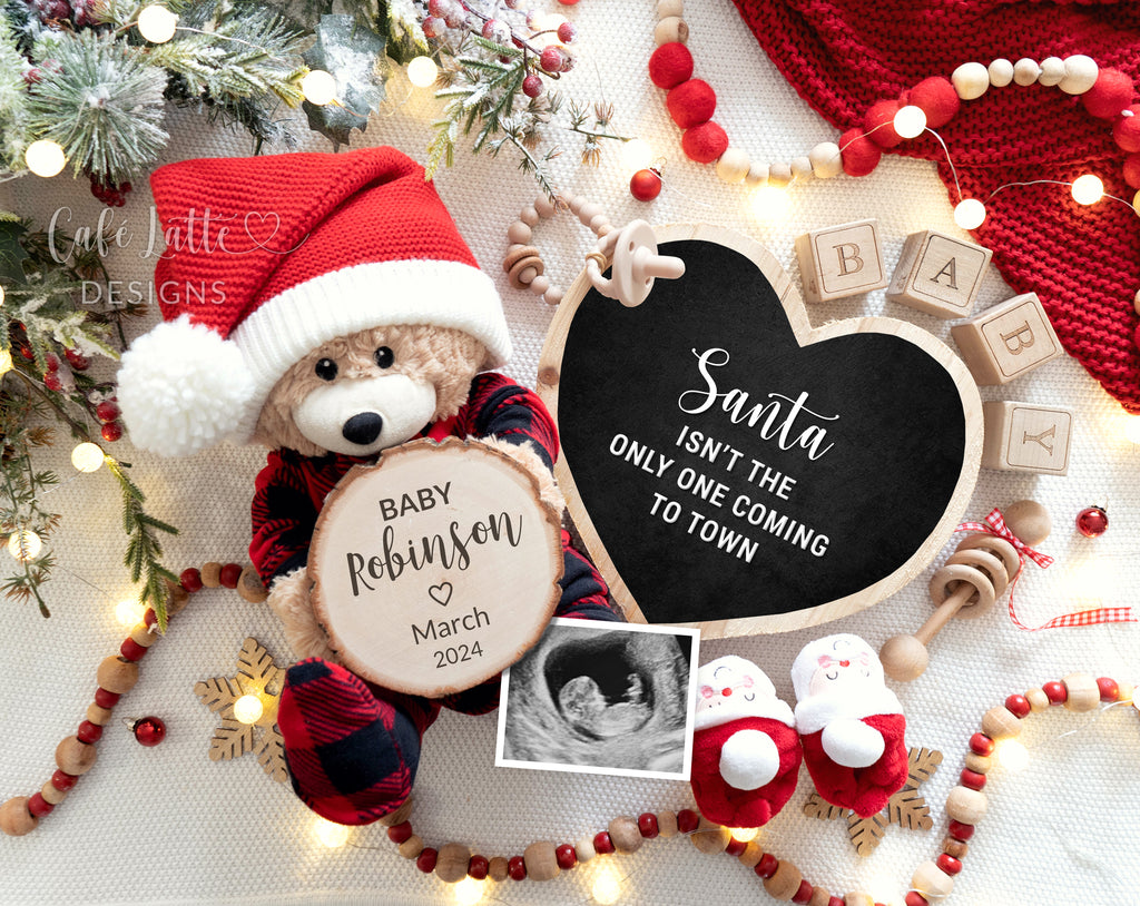 Christmas baby announcement digital reveal for social media, Christmas pregnancy announcement digital image with teddy bear wearing plaid pyjama and Santa hat with heart chalkboard, Santa isnt the only one coming to town, December winter baby