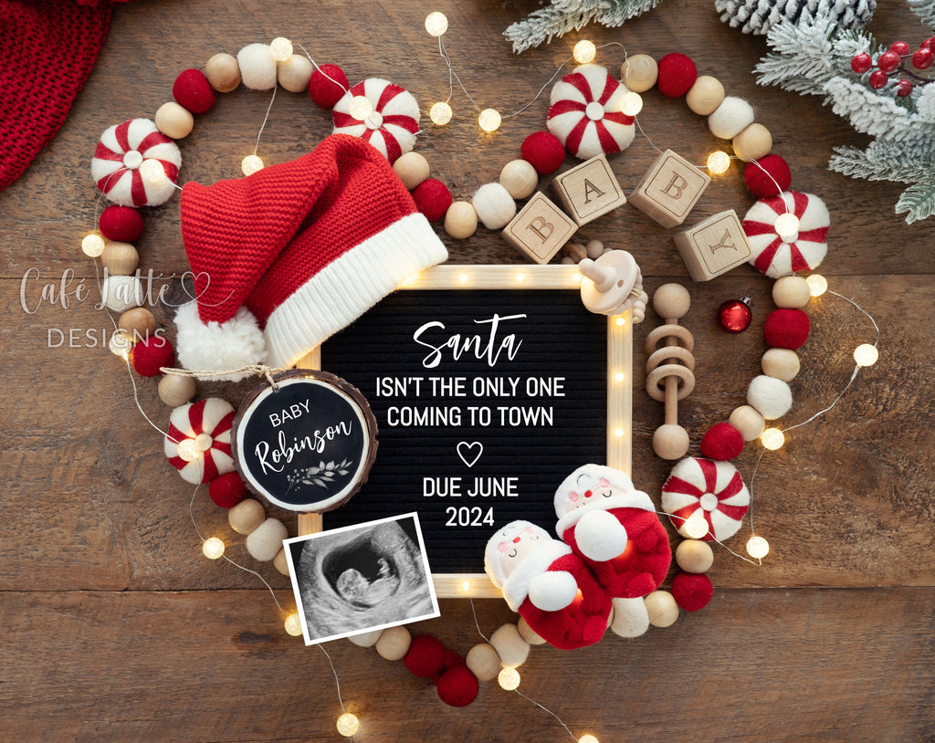 Christmas pregnancy announcement digital reveal for social media, Christmas baby announcement digital image with letter board, heart, peppermint candy and Santa hat, Santa isnt the only one coming to town, Gender neutral editable template DIY, Winter