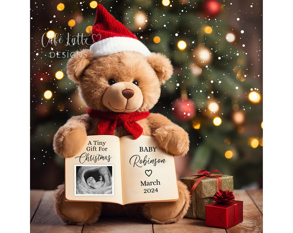 Christmas pregnancy announcement digital reveal for social media, Christmas baby announcement digital image with teddy bear wearing a Santa hat and holding a book, A tiny gift for Christmas, Gender neutral Christmas baby reveal editable template DIY