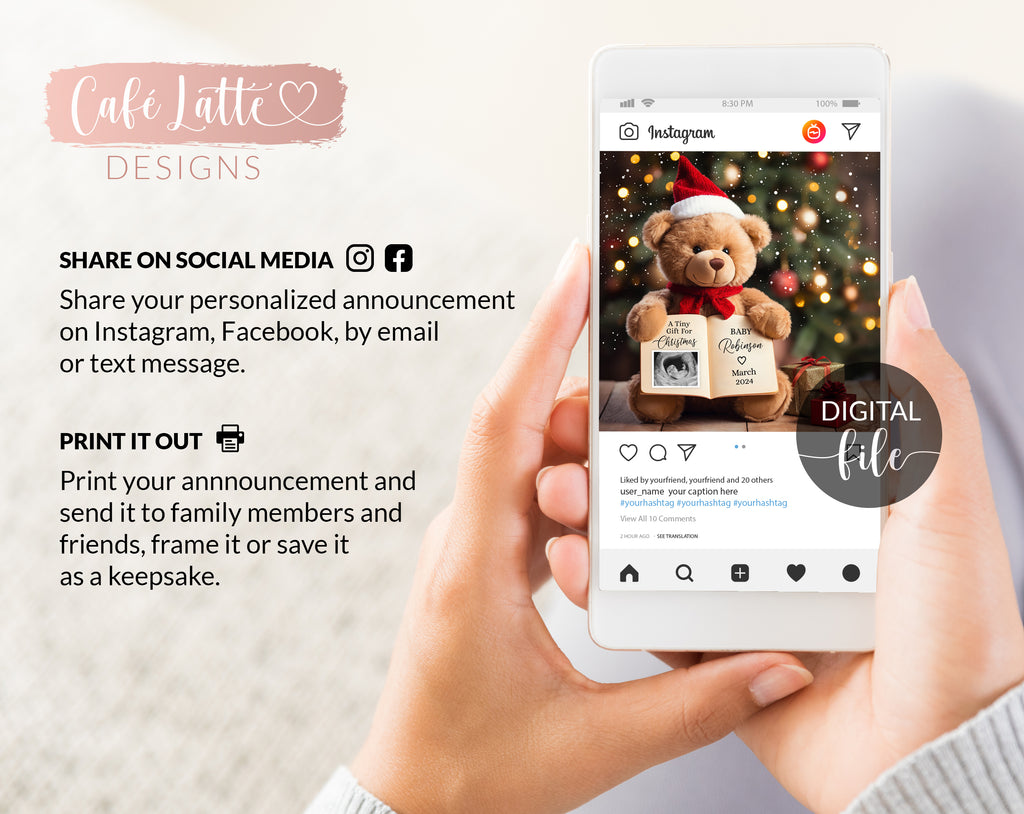 Christmas pregnancy announcement digital reveal for social media, Christmas baby announcement digital image with teddy bear wearing a Santa hat and holding a book, A tiny gift for Christmas, Gender neutral Christmas baby reveal editable template DIY