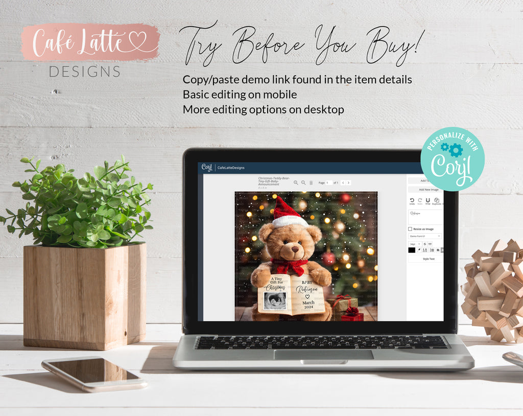 Christmas pregnancy announcement digital reveal for social media, Christmas baby announcement digital image with teddy bear wearing a Santa hat and holding a book, A tiny gift for Christmas, Gender neutral Christmas baby reveal editable template DIY