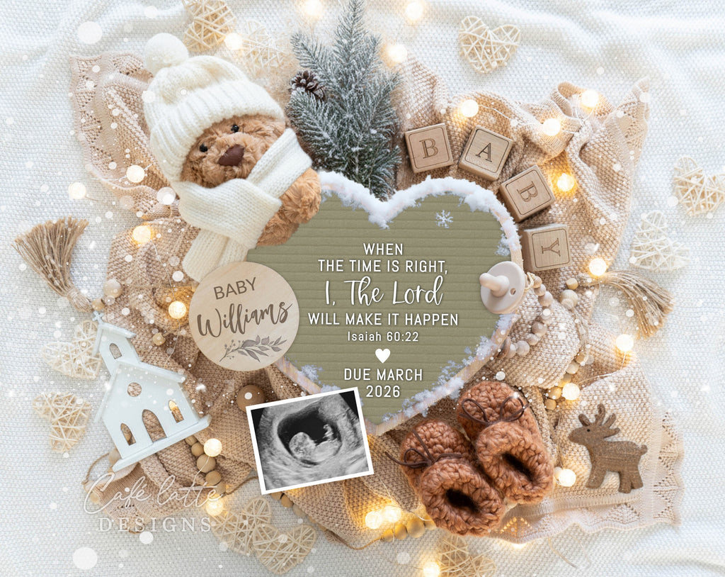 Christmas religious pregnancy announcement, holiday pregnancy reveal, boho pregnancy announcement, gender neutral pregnancy reveal, editable pregnancy template, printable baby announcement, social media pregnancy reveal, digital download, Corjl template, Isaiah 60:22, Christian pregnancy announcement, Christmas baby reveal, rustic boho decor, winter pregnancy announcement, when the time is right I the Lord will make it happen, Religious church bible verse baby reveal sage green heart board