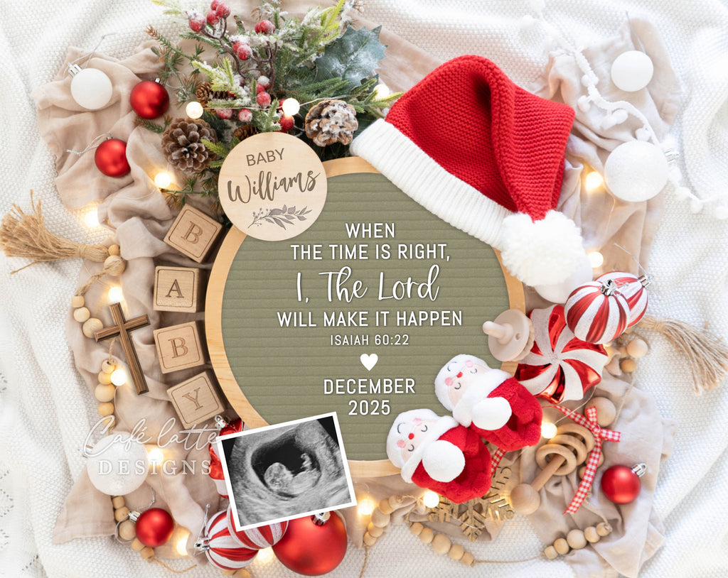 Christmas religious pregnancy announcement digital reveal for social media, Christmas religious baby announcement digital image with Santa hat and sage green letter board, Santa baby booties, pampas and circle letter board, When the time is right I the Lord will make it happen Isaiah 60:22, Gender neutral boho editable template DIY, Christmas pregnancy reveal instant download, December winter baby announcement ideas, Boho Christmas pregnancy announcement, Bible verse cross pregnancy reveal