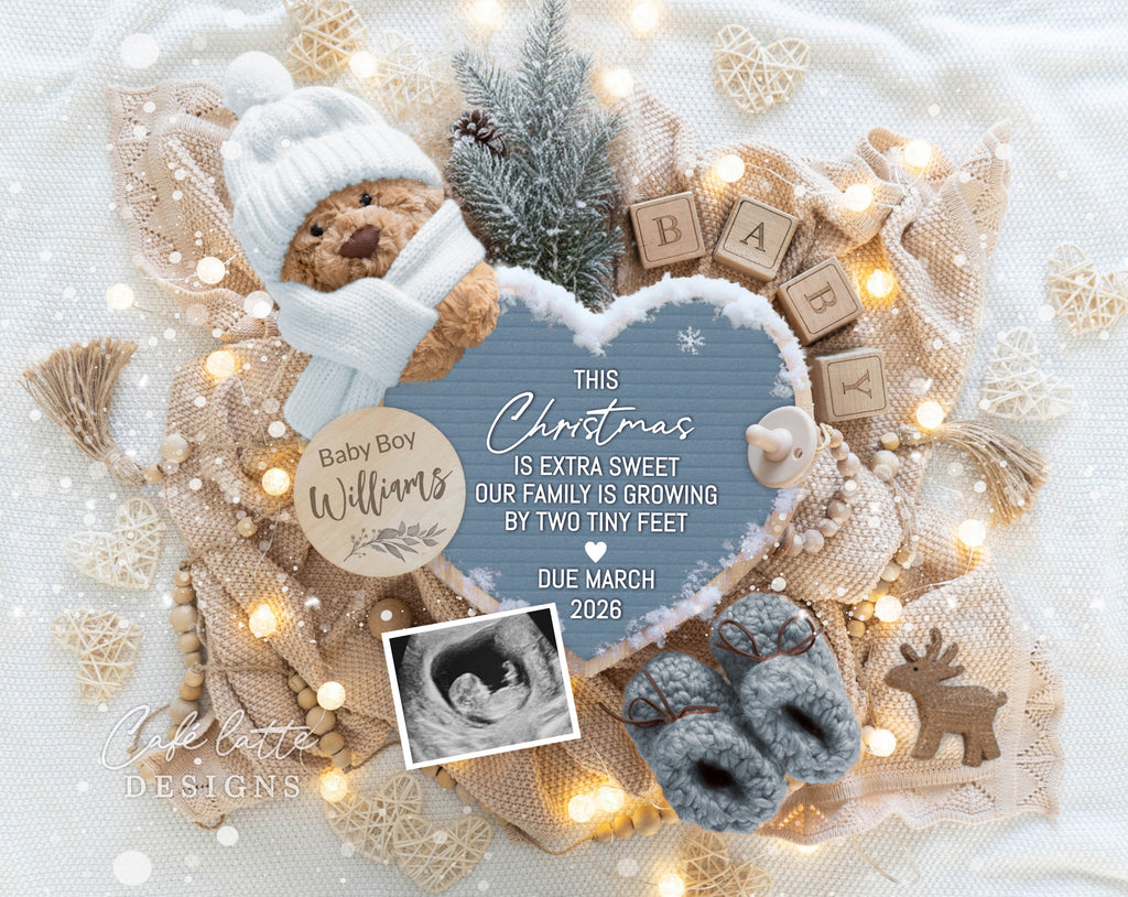 christmas boy pregnancy announcement, winter baby boy announcement, boy gender reveal baby announcement, editable pregnancy announcement, boho christmas baby reveal, holiday baby announcement, printable pregnancy reveal, digital baby announcement template, christmas baby announcement for social media, editable christmas baby reveal, boy christmas baby announcement, cozy winter baby reveal, digital pregnancy announcement corjl, Christmas is extra sweet our family is growing by two tiny feet