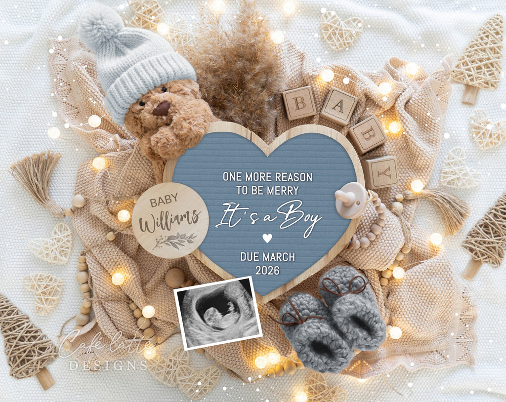 christmas boy pregnancy announcement, winter baby boy announcement, boy gender reveal baby announcement, editable pregnancy announcement, boho christmas baby reveal, holiday boy baby announcement, printable pregnancy reveal, digital baby announcement template, christmas baby announcement for social media, editable christmas baby reveal, boy christmas baby announcement, cozy winter baby reveal, digital corjl, one more reason to be merry its a boy, teddy bear blue hat and heart