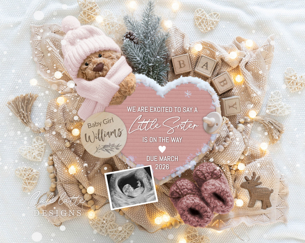 christmas little sister girl pregnancy announcement, winter baby girl announcement, girl gender reveal baby announcement, editable pregnancy announcement, boho christmas baby reveal, holiday baby announcement, printable pregnancy reveal, digital baby announcement template, christmas baby announcement for social media, editable christmas baby reveal, girl christmas baby announcement, cozy winter baby reveal, digital pregnancy announcement corjl, we are excited to say a little sister is on the way