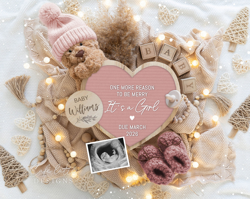 christmas girl pregnancy announcement, winter baby girl announcement, girl gender reveal baby announcement, editable pregnancy announcement, boho christmas baby reveal, holiday girl baby announcement, printable pregnancy reveal, digital baby announcement template, christmas baby announcement for social media, editable christmas baby reveal, girl christmas baby announcement, cozy winter baby reveal, digital corjl, one more reason to be merry its a girl, teddy bear pink hat and heart