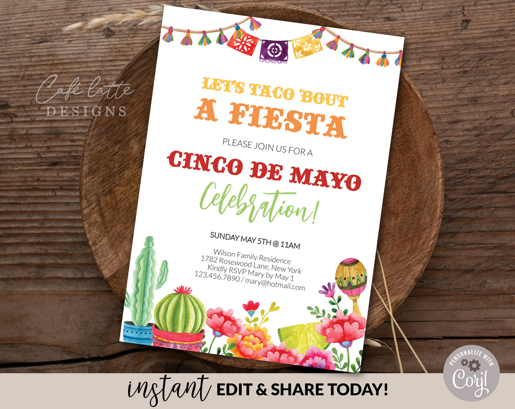 Cinco de Mayo Invitation Editable Template, Cinco de Mayo Printable Invite Lets Taco Bout a Fiesta, Watercolor flowers and cactus May 5 digital invitation, Instant download invite, Cinco de Mayo celebration last minute invitation, E invitation text message email social media cinco de mayo Mexican Spanish invitation