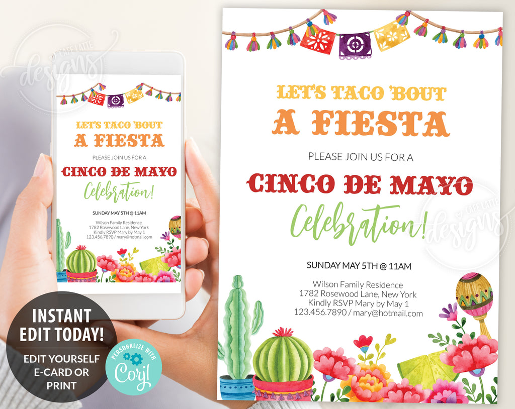 Cinco de Mayo Invitation Editable Template, Cinco de Mayo Printable Invite Lets Taco Bout a Fiesta, Watercolor flowers and cactus May 5 digital invitation, Instant download invite, Cinco de Mayo celebration last minute invitation, E invitation text message email social media cinco de mayo Mexican Spanish invitation