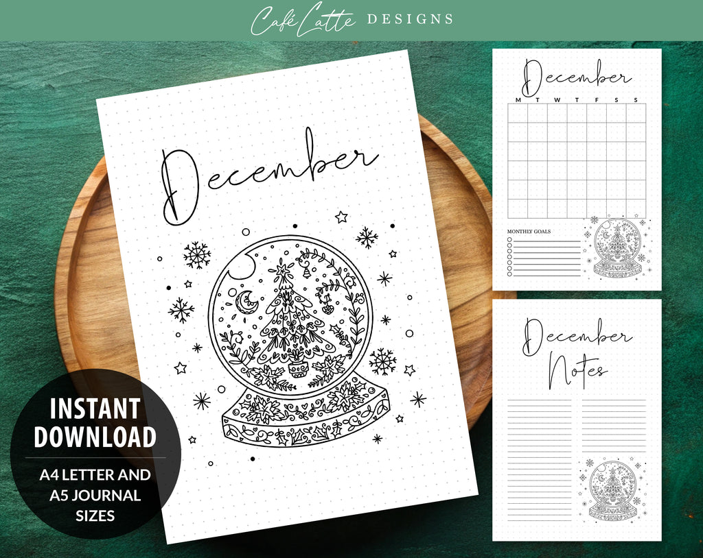 Bullet journal December cover title page, Bullet journal December calendar, December notes page, Printable journal December title page, Printable December Calendar with mandala snow globe with tree, December set, A4 and A5 printable template DIY