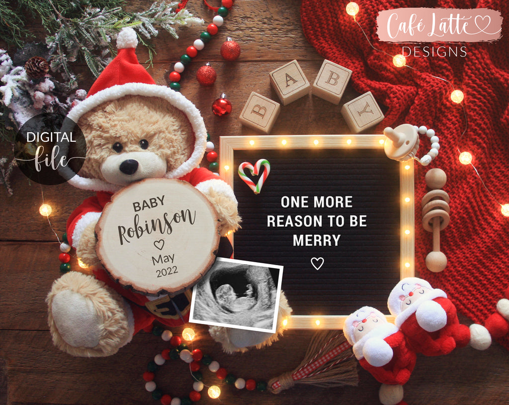 Christmas pregnancy announcement digital reveal for social media, Christmas baby announcement digital image with teddy bear wearing Santa Claus outfit and letter board, One more reason to be merry