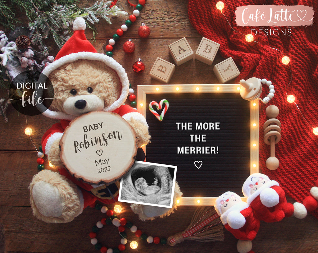 Christmas pregnancy announcement digital reveal for social media, Christmas baby announcement digital image with teddy bear wearing Santa Claus outfit and letter board, The more the merrier