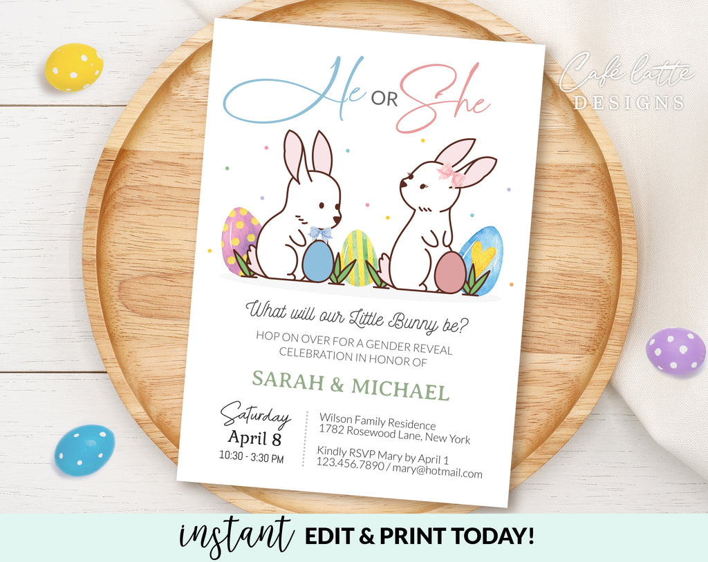 Easter gender reveal invitation, Easter bunnies boy girl gender reveal invite editable template DIY, He or She, Boy or Girl, Pink or blue spring April baby gender reveal, printable invitation, email, gender reveal text message invite