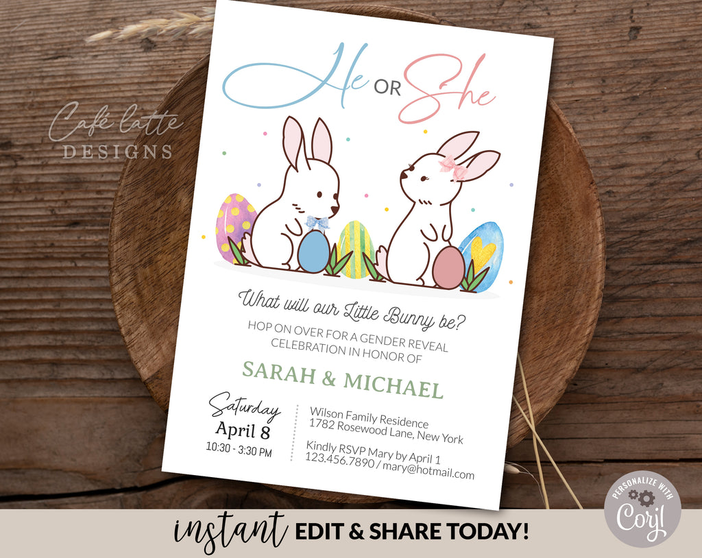 Easter gender reveal invitation, Easter bunnies boy girl gender reveal invite editable template DIY, He or She, Boy or Girl, Pink or blue spring April baby gender reveal, printable invitation, email, gender reveal text message invite