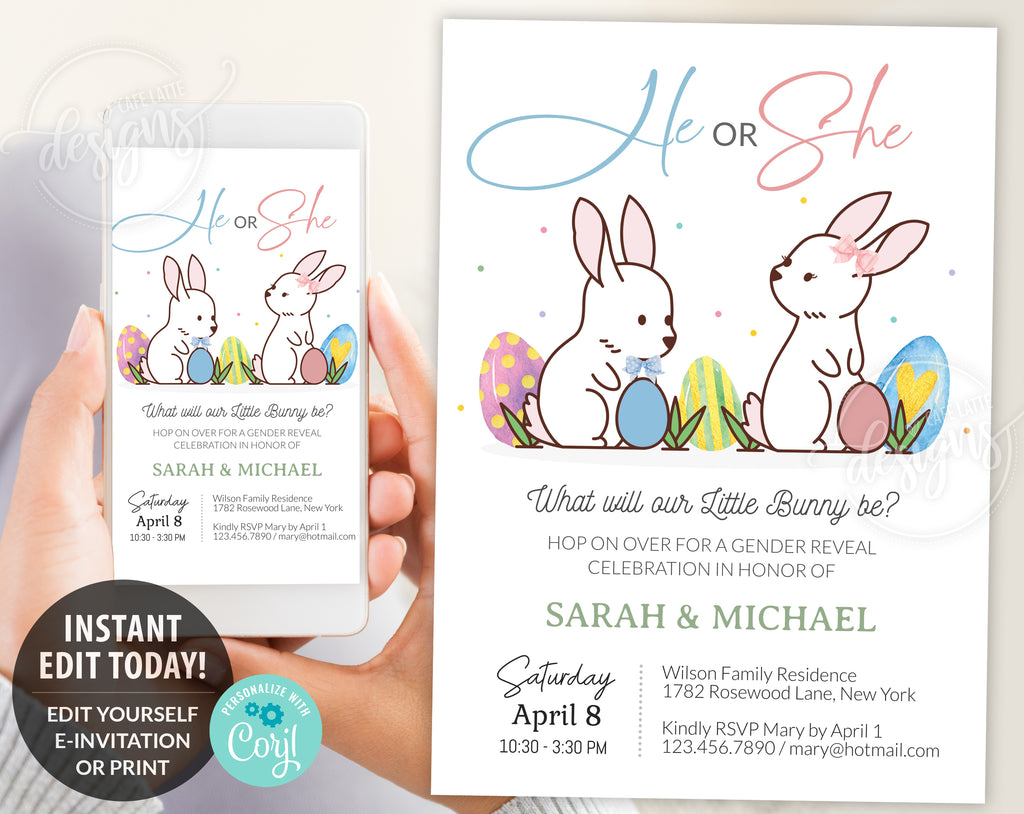 Easter gender reveal invitation, Easter bunnies boy girl gender reveal invite editable template DIY, He or She, Boy or Girl, Pink or blue spring April baby gender reveal, printable invitation, email, gender reveal text message invite