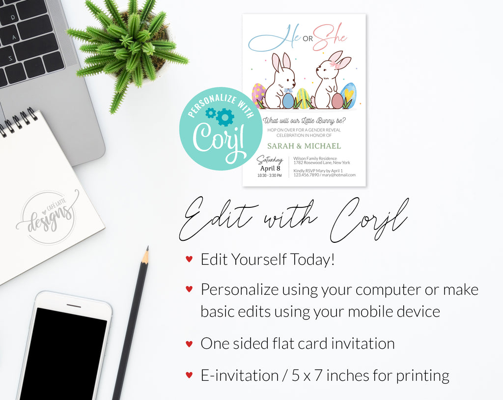 Easter gender reveal invitation, Easter bunnies boy girl gender reveal invite editable template DIY, He or She, Boy or Girl, Pink or blue spring April baby gender reveal, printable invitation, email, gender reveal text message invite