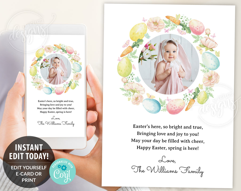 Easter photo card printable, Easter photo card editable template instant download DIY, Easter family photo baby kids children photoshoot ecard digital send by email text message social media, Easter custom personalized card for family and friends, Easter egg and flower wreath card