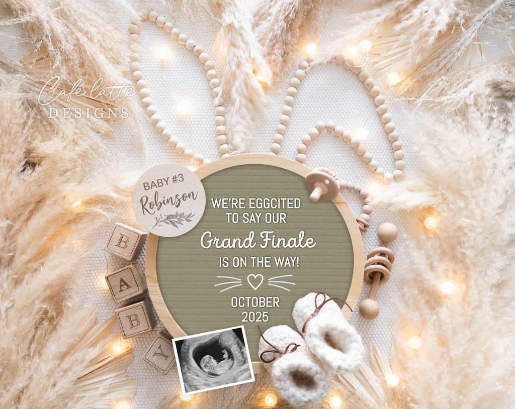 Easter Pregnancy Announcement Digital Boho Reveal For Social Media, We are eggcited to say our grand finale is on the way, sage green Circle Letter Board, Boho Pampas Bunny Ears Baby Announcement Digital Editable Template, Second third fourth child sibling pregnancy reveal, Baby 2 3 4 announcement, Last child