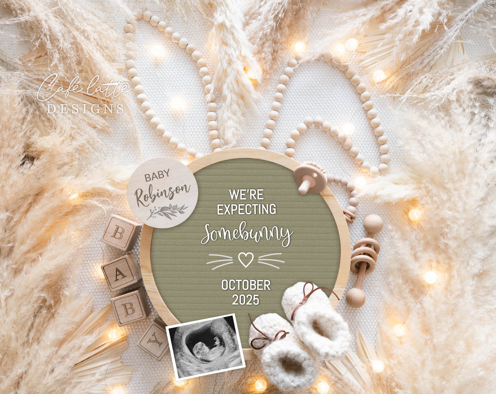 Easter Pregnancy Announcement Digital Boho Reveal For Social Media, We are expecting somebunny, sage green Circle Letter Board, Boho Pampas Bunny Ears Baby Announcement Digital Editable Template, Second third fourth child sibling pregnancy reveal, Baby 2 3 4 announcement, Last child