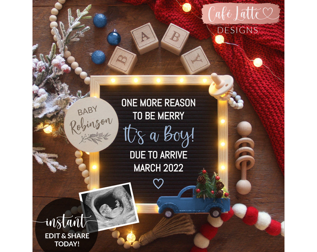 Christmas boy gender reveal for social media, Christmas boy baby pregnancy announcement digital image with letter board and blue truck, Its a boy Christmas editable template DIY