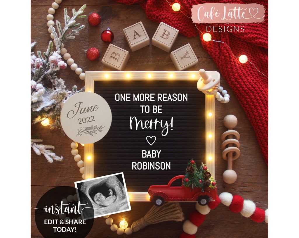 Christmas pregnancy announcement digital reveal for social media, Christmas baby announcement digital image with red truck and letter board, One more reason to be merry, Gender neutral editable template DIY