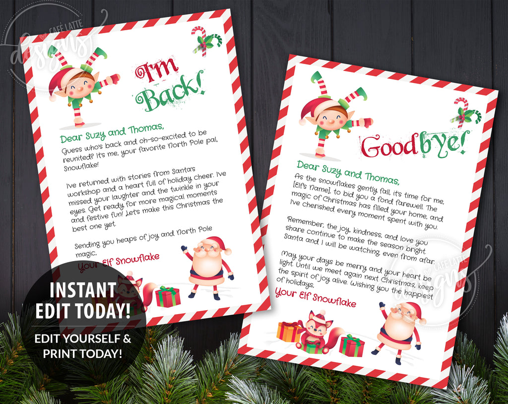 Letter from elf for kids at Christmas, Editable elf letter Im back, Editable elf letter goodbye, Printable elf letters for Christmas, Elf letter template, Red white stripes mail elf letter DIY, Santa Claus letter