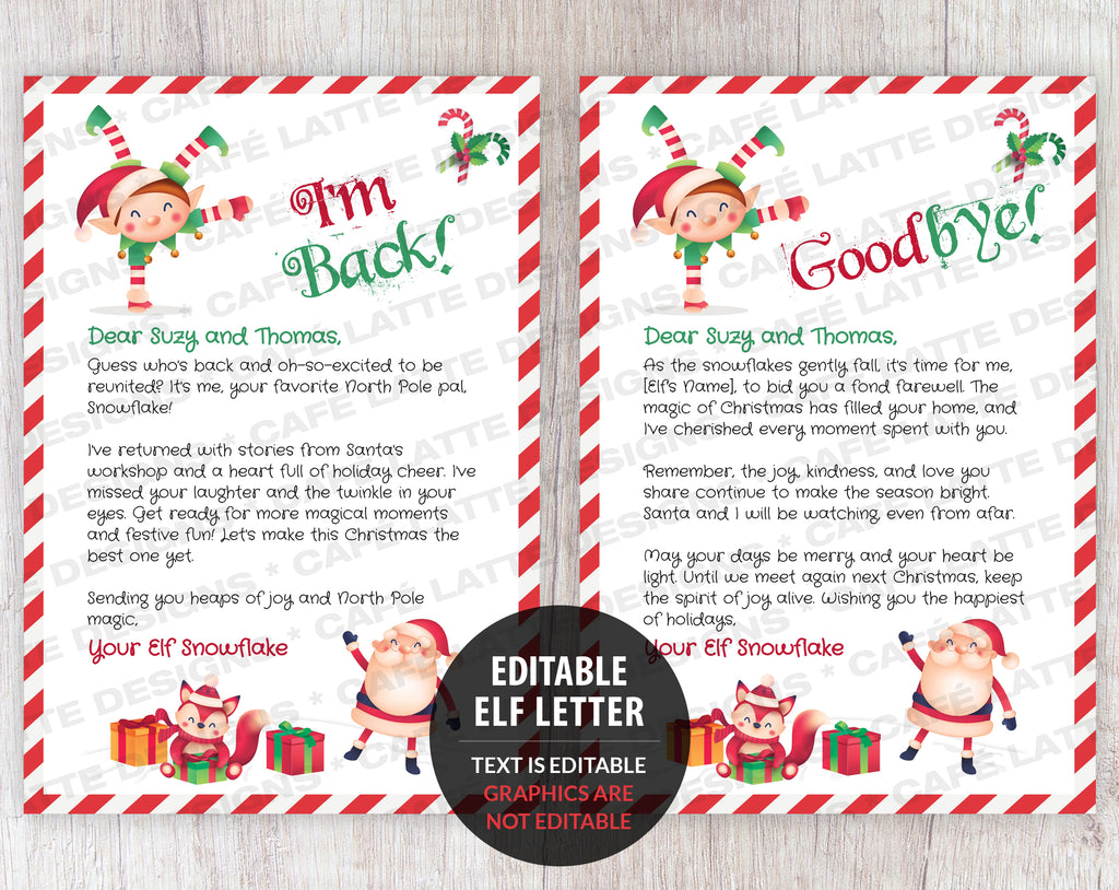 Letter from elf for kids at Christmas, Editable elf letter Im back, Editable elf letter goodbye, Printable elf letters for Christmas, Elf letter template, Red white stripes mail elf letter DIY, Santa Claus letter