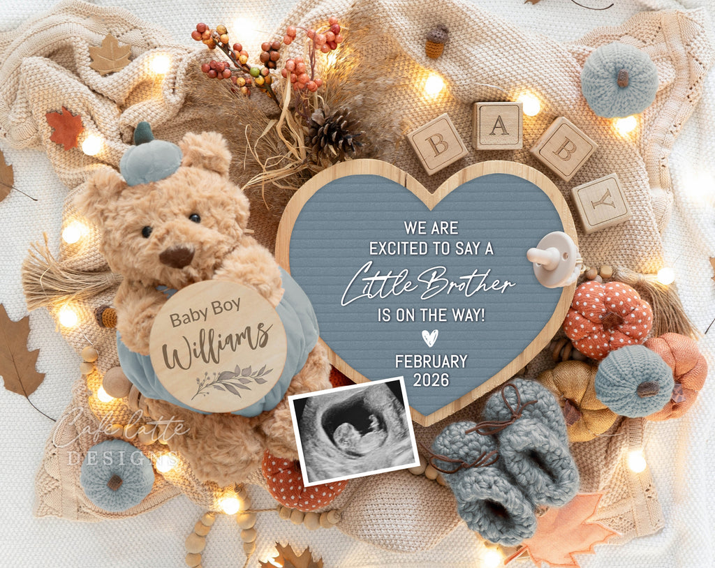 Little Brother Fall boy gender reveal pregnancy announcement digital for social media, Autumn baby boy announcement digital with blue pumpkin teddy bear and fall leaves, We are excited to say a little brother is on the way, Gender reveal fall pregnancy reveal editable template, Thanksgiving boy gender reveal instant download DIY