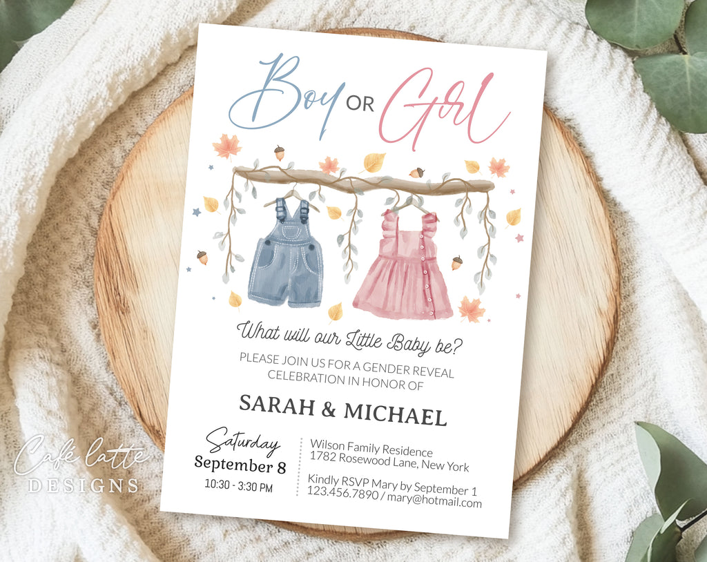 Fall gender reveal invitation, Autumn Baby clothes vintage clothesline boy girl gender reveal invite editable template DIY, He or She, Boy or Girl, Pink or blue September October November fall autumn baby reveal, printable invitation, email, gender reveal text message invite, Thanksgiving gender reveal invitation