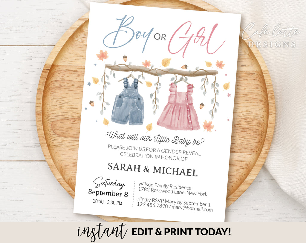 Fall gender reveal invitation, Autumn Baby clothes vintage clothesline boy girl gender reveal invite editable template DIY, He or She, Boy or Girl, Pink or blue September October November fall autumn baby reveal, printable invitation, email, gender reveal text message invite, Thanksgiving gender reveal invitation