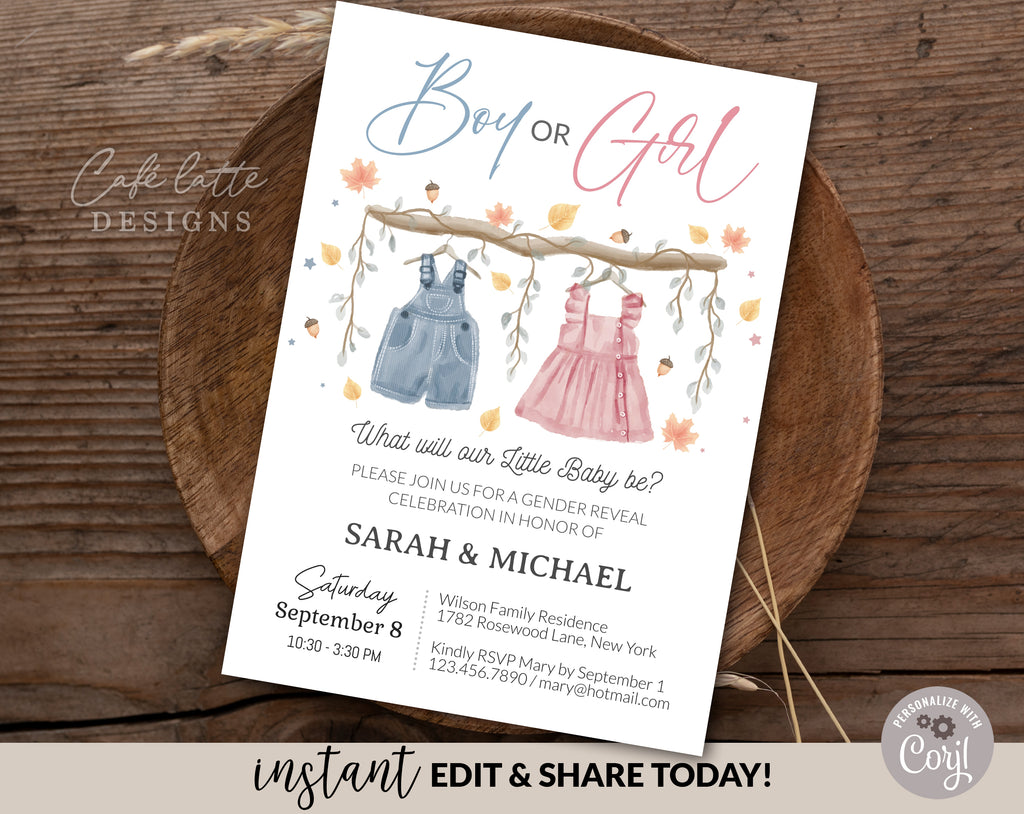 Fall gender reveal invitation, Autumn Baby clothes vintage clothesline boy girl gender reveal invite editable template DIY, He or She, Boy or Girl, Pink or blue September October November fall autumn baby reveal, printable invitation, email, gender reveal text message invite, Thanksgiving gender reveal invitation