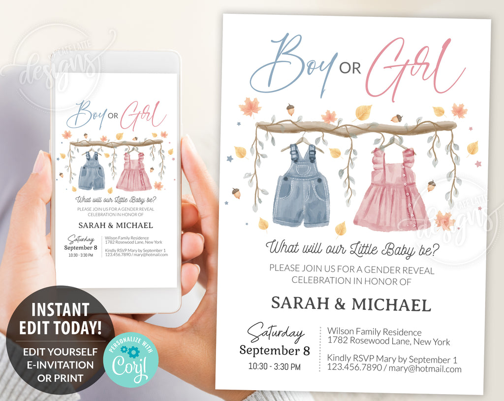 Fall gender reveal invitation, Autumn Baby clothes vintage clothesline boy girl gender reveal invite editable template DIY, He or She, Boy or Girl, Pink or blue September October November fall autumn baby reveal, printable invitation, email, gender reveal text message invite, Thanksgiving gender reveal invitation