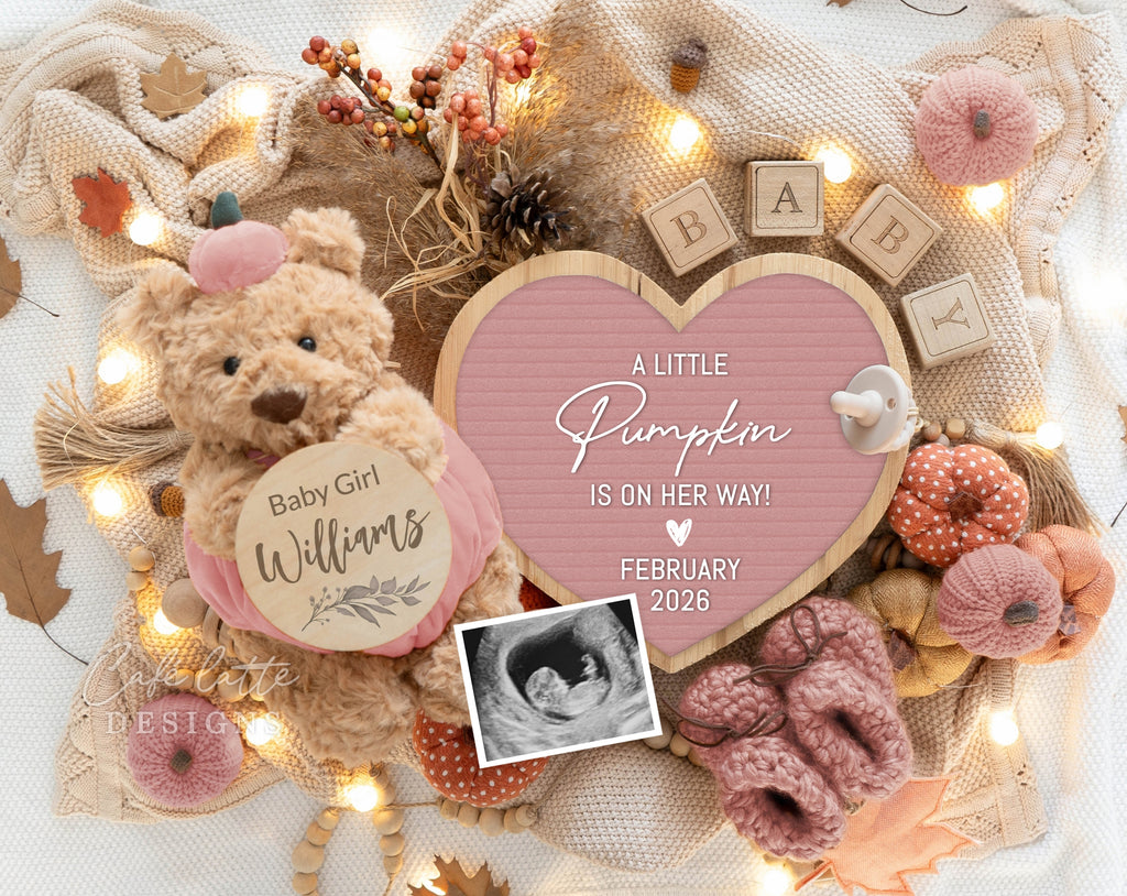 Fall girl gender reveal pregnancy announcement digital for social media, Autumn baby girl announcement digital with pink pumpkin teddy bear and fall leaves, A little pumpkin is on her way, Gender reveal fall pregnancy reveal editable template, Thanksgiving girl gender reveal instant download DIY