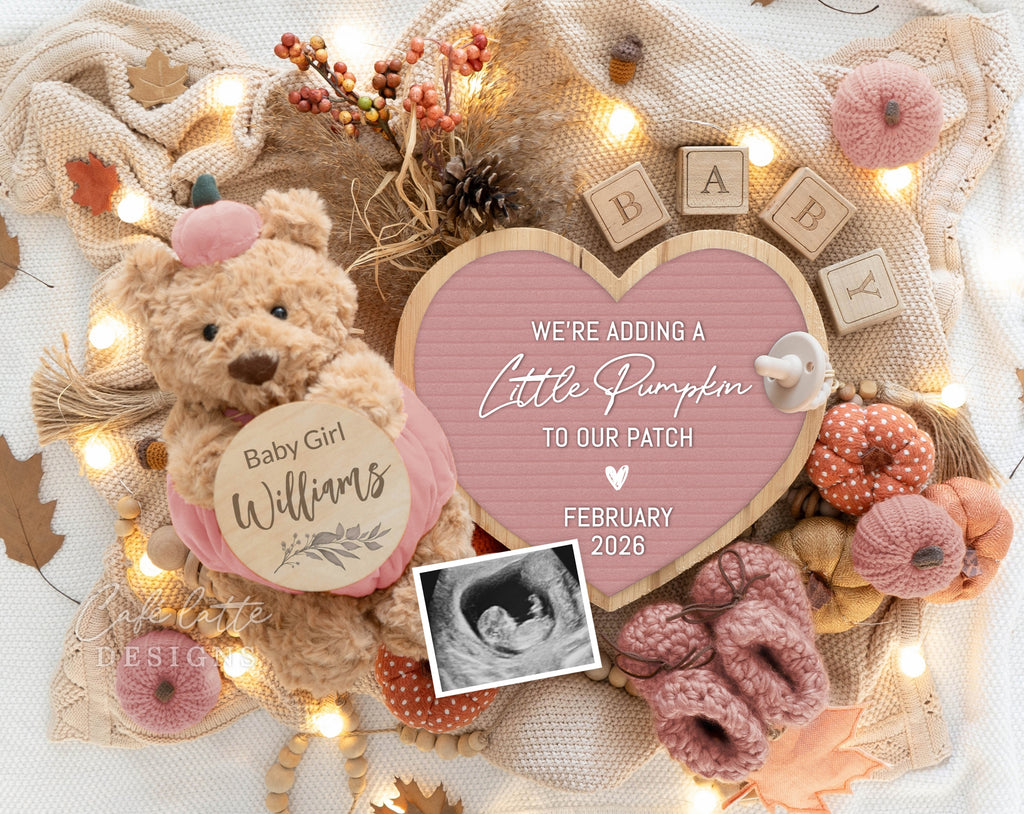 Fall girl gender reveal pregnancy announcement digital for social media, Autumn baby girl announcement digital with pink pumpkin teddy bear and fall leaves, We are adding a little pumpkin to our patch, Gender reveal fall pregnancy reveal editable template, Thanksgiving girl gender reveal instant download DIY