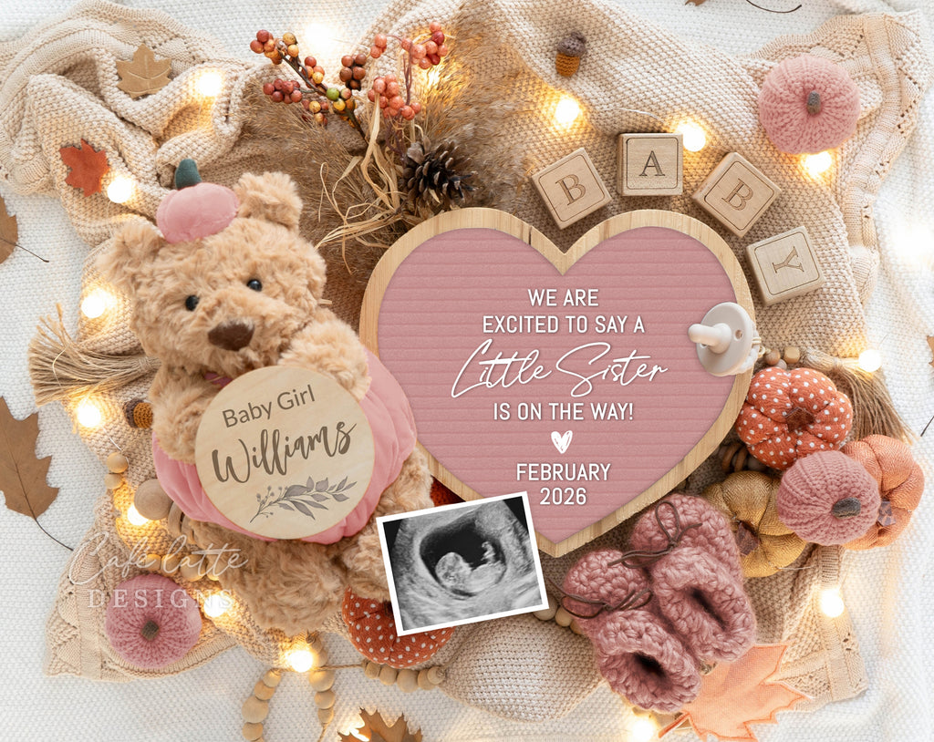 Little Sister Fall girl gender reveal pregnancy announcement digital for social media, Autumn baby girl announcement digital with pink pumpkin teddy bear and fall leaves, We are excited to say a little sister is on the way, Gender reveal fall pregnancy reveal editable template, Thanksgiving girl gender reveal instant download DIY