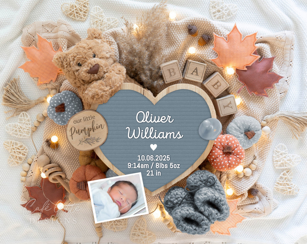 Fall boy Birth announcement digital, Autumn Baby boy arrival announcement to family and friends, Baby boy September October announcement template, Thanksgiving Birth announcement grandparents, Birth reveal, Birth announcement gift, Boy bear pampas blue heart letter board with pumpkins and leaves, Fall Birth Announcement social media, Baby boy birth announcement facebook, Boy birth announcement instagram, baby boy birth announcement, new baby announcement, digital boy birth announcement