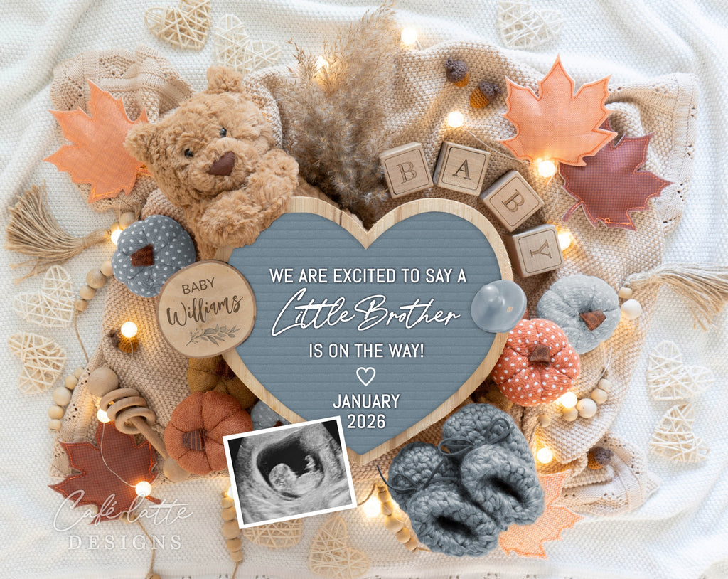 Fall little brother boy gender reveal pregnancy announcement digital for social media, Autumn baby boy little brother announcement digital with blue heart letter board and fall leaves, We are excited to say a little brother is on the way, Gender reveal fall pregnancy reveal editable template, Its a boy gender reveal with teddy bear instant download DIY