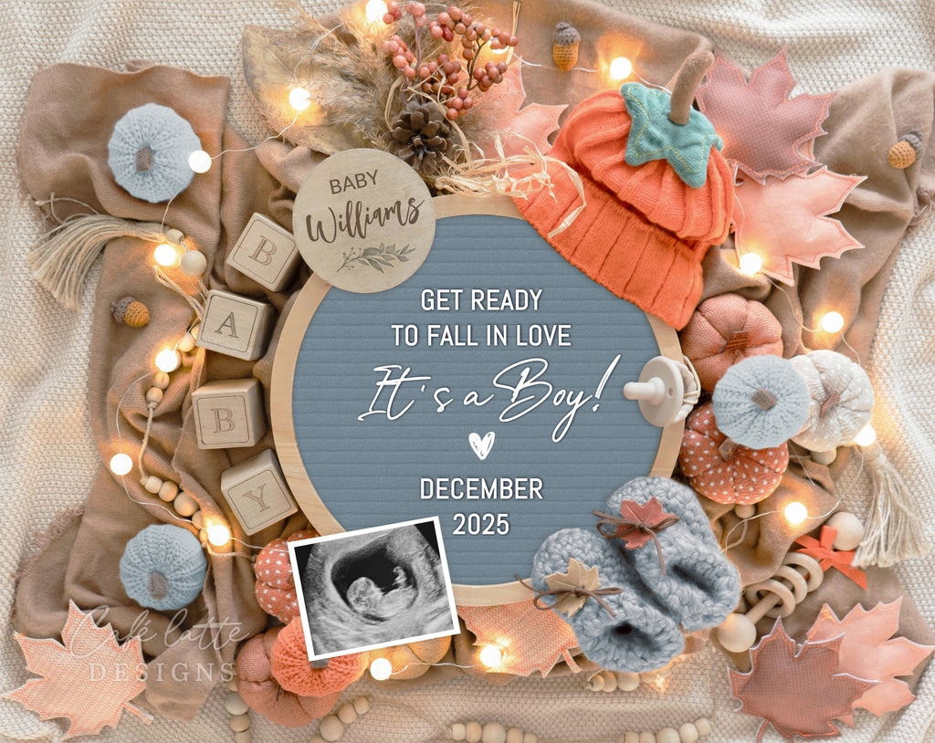 Fall boy pregnancy announcement digital for social media, Autumn baby boy gender reveal announcement digital with blue circle letter board, pumpkin hat, Get ready to Fall in Love, Its a boy gender reveal fall pregnancy reveal editable template DIY, autumn baby announcement, digital fall pregnancy announcement, autumn baby, pregnancy reveal, pregnancy announcement autumn, digital pregnancy announcement, autumn baby, fall baby, baby announce