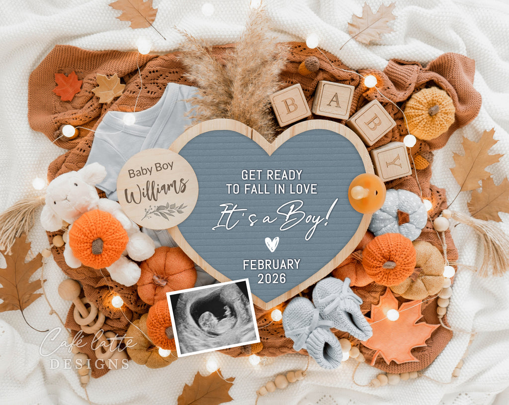 Fall boy gender reveal pregnancy announcement digital for social media, Autumn baby boy announcement digital with blue heart letter board and fall leaves, Get ready to Fall in love its a boy, Gender reveal fall pregnancy reveal editable template, Autumn boy gender reveal instant download DIY