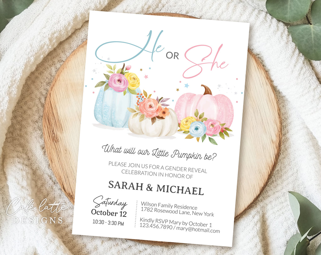 Little pumpkin Gender Reveal Digital Invitation Template, Pink and blue pumpkins Boy or Girl Gender Reveal Invite, Blue and Pink pumpkins autumn fall gender reveal invitation editable template, Printable halloween gender reveal invitation DIY instant download, Cheap gender reveal invitation watercolor pumpkins and flowers
