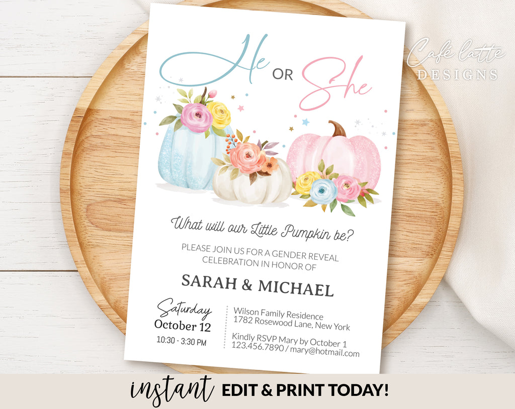 Little pumpkin Gender Reveal Digital Invitation Template, Pink and blue pumpkins Boy or Girl Gender Reveal Invite, Blue and Pink pumpkins autumn fall gender reveal invitation editable template, Printable halloween gender reveal invitation DIY instant download, Cheap gender reveal invitation watercolor pumpkins and flowers