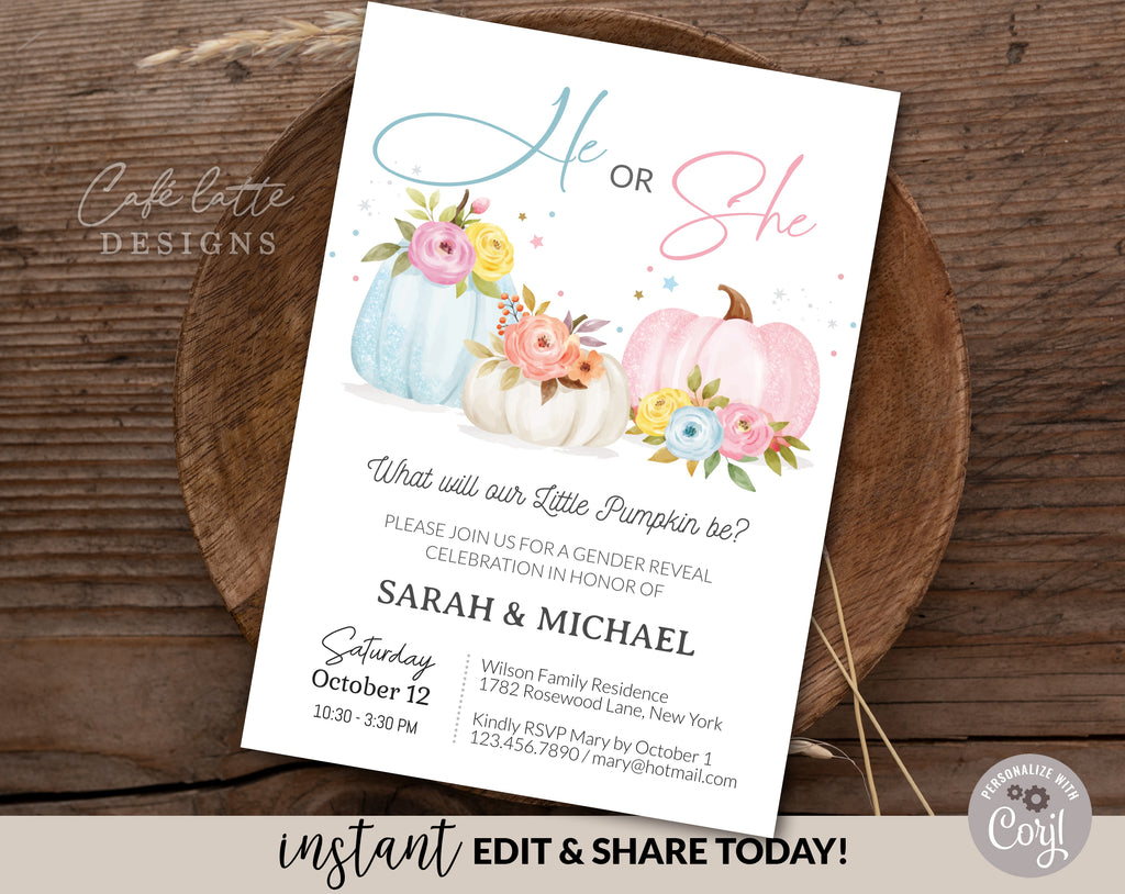 Little pumpkin Gender Reveal Digital Invitation Template, Pink and blue pumpkins Boy or Girl Gender Reveal Invite, Blue and Pink pumpkins autumn fall gender reveal invitation editable template, Printable halloween gender reveal invitation DIY instant download, Cheap gender reveal invitation watercolor pumpkins and flowers