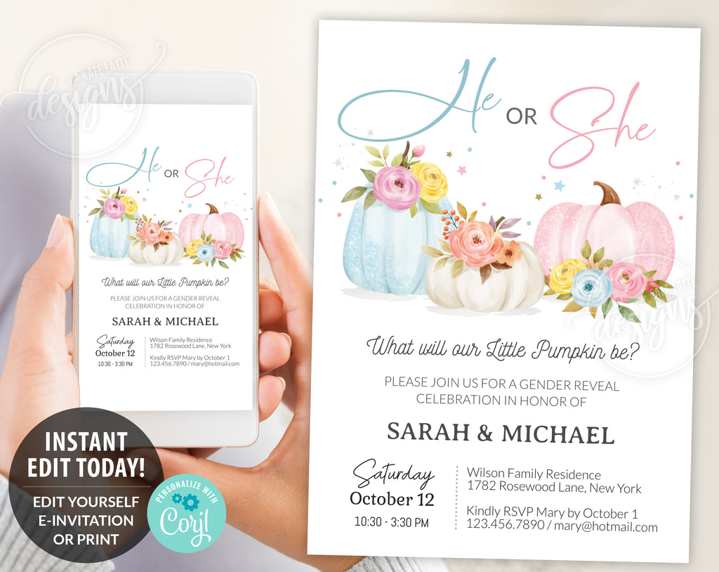 Little pumpkin Gender Reveal Digital Invitation Template, Pink and blue pumpkins Boy or Girl Gender Reveal Invite, Blue and Pink pumpkins autumn fall gender reveal invitation editable template, Printable halloween gender reveal invitation DIY instant download, Cheap gender reveal invitation watercolor pumpkins and flowers