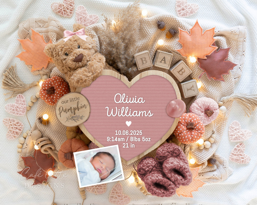 Fall girl Birth announcement digital, Autumn Baby girl arrival announcement to family and friends, Baby girl September October announcement template, Thanksgiving Birth announcement grandparents, Birth reveal, Birth announcement gift, Girl bear pampas pink heart letter board with pumpkins and leaves, Fall Birth Announcement social media, Baby girl birth announcement facebook, Girl birth announcement instagram, baby girl birth announcement, new baby announcement, digital girl birth announcement
