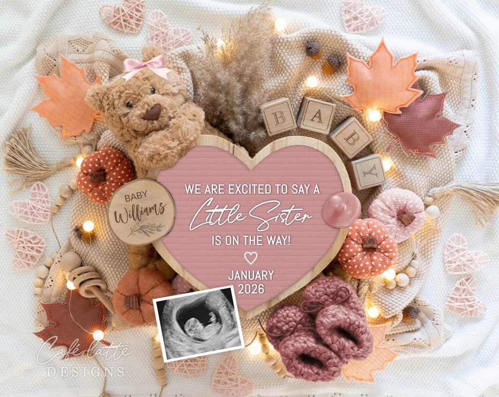 Fall little sister girl gender reveal pregnancy announcement digital for social media, Autumn baby girl little sister announcement digital with pink heart letter board and fall leaves, We are excited to say a little sister is on the way, Gender reveal fall pregnancy reveal editable template, Its a girl gender reveal with teddy bear instant download DIY