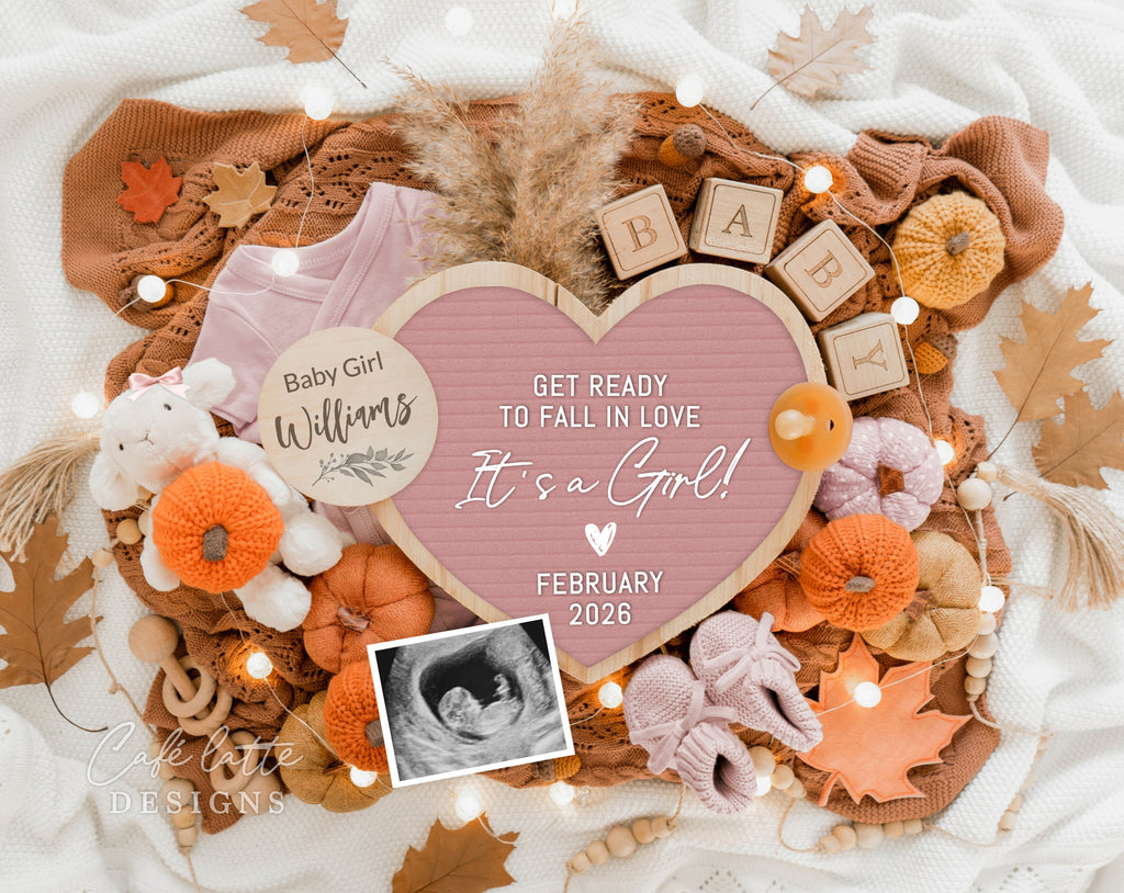 Fall girl gender reveal pregnancy announcement digital for social media, Autumn baby girl announcement digital with pink heart letter board and fall leaves, Get ready to Fall in love its a girl, Gender reveal fall pregnancy reveal editable template, Autumn girl gender reveal instant download DIY