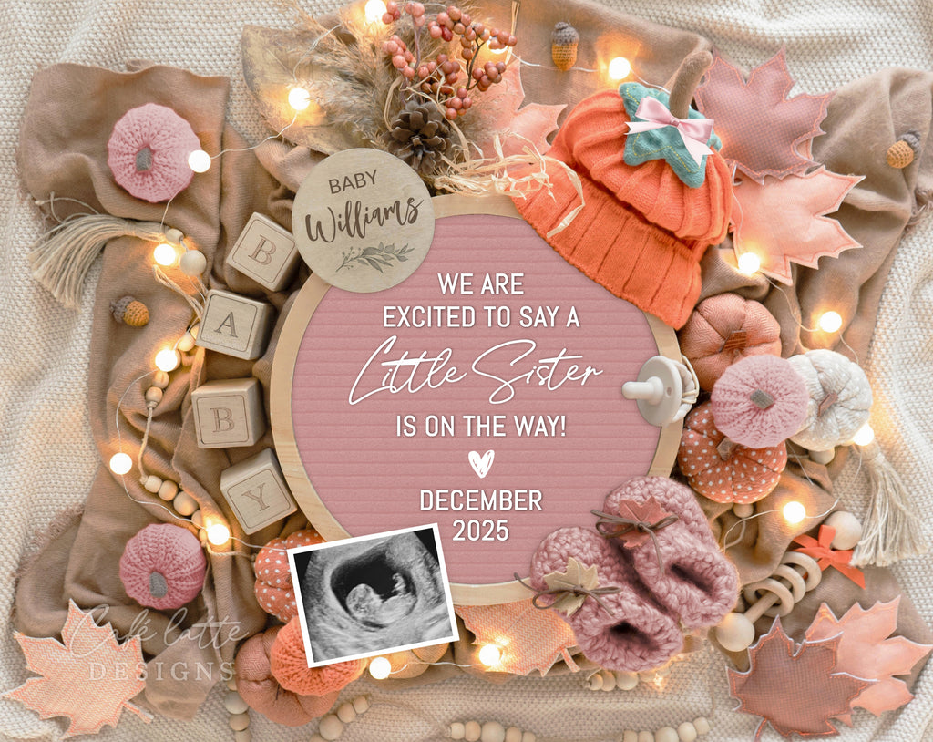 Fall Girl gender reveal pregnancy announcement digital, Autumn Girl gender reveal announcement to husband, Its a girl template, Gender reveal grandparents, Pregnancy reveal, Gender reveal gift, Girl pumpkin hat little pumpkins and pink letter board, We are excited to say a little sister is on the way, Thanksgiving girl gender reveal